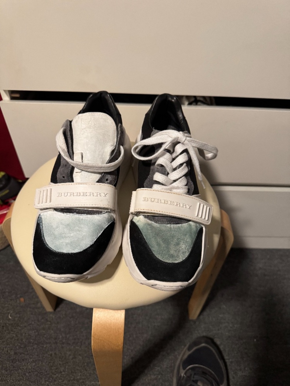 Burberry Black, White & Light Teal Suede Leather Sneakers